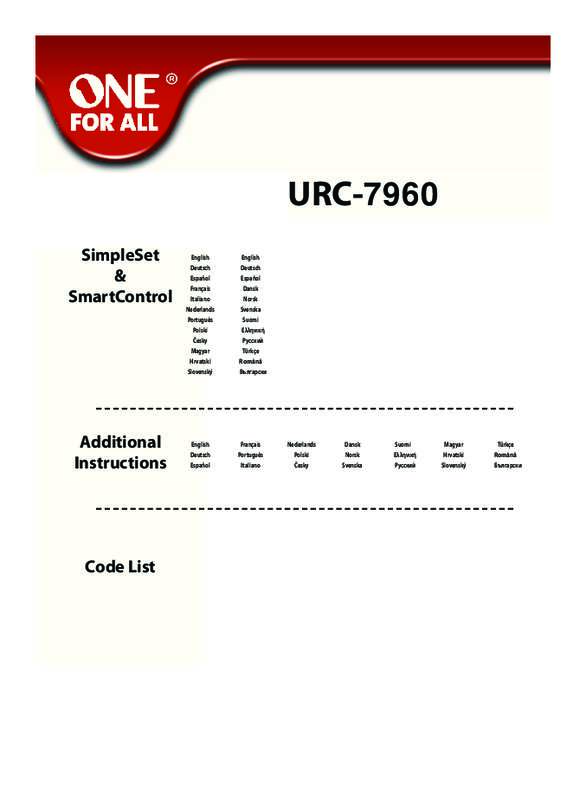 One For All Urc 7960 Code List Notice ONE FOR ALL URC-7960 - télécommande Trouver une solution à un